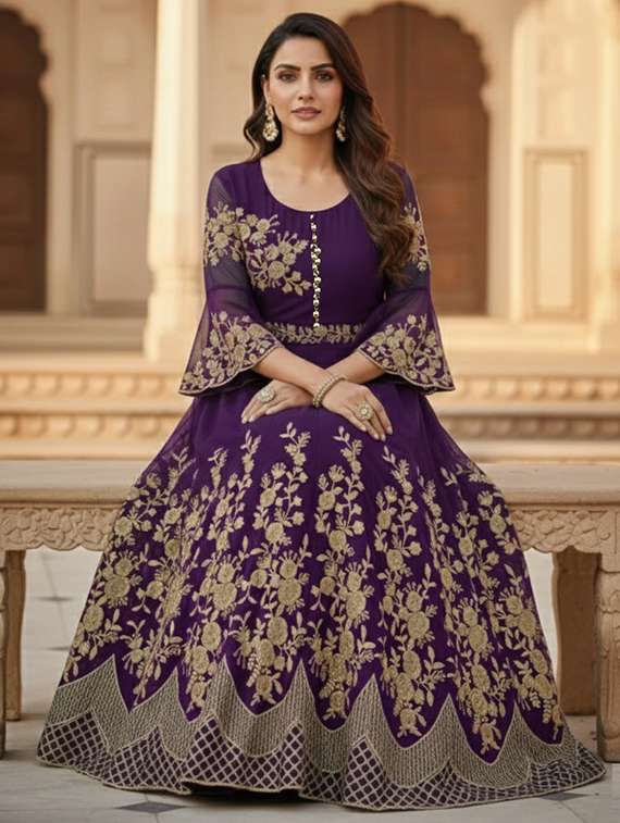 women solid with work semi stitched fit & flare gown - 22272933 -  Standard Image - 1