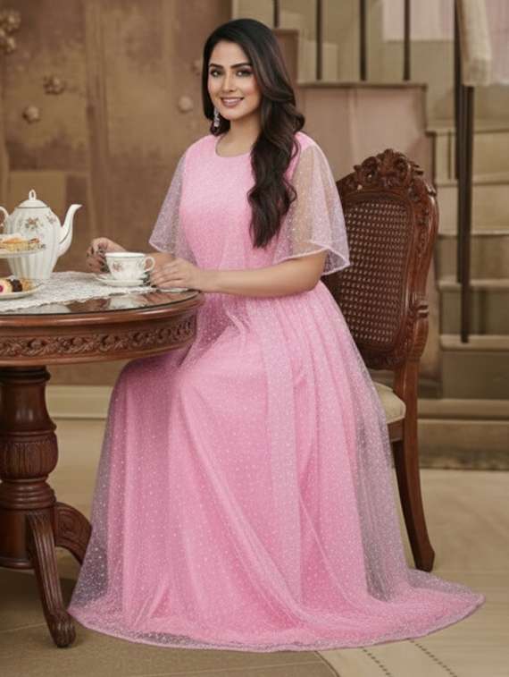 women solid with work semi stitched fit & flare gown - 22272934 -  Standard Image - 1