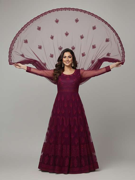 women solid with work semi stitched fit & flare gown - 22272935 -  Standard Image - 1