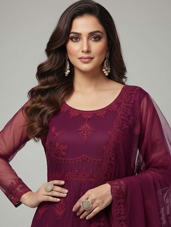 women solid with work semi stitched fit & flare gown - 22272935 -  Standard Image - 4