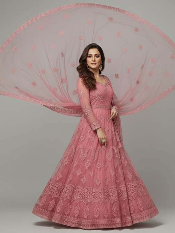 women solid with work semi stitched fit & flare gown - 22272936 -  Standard Image - 1