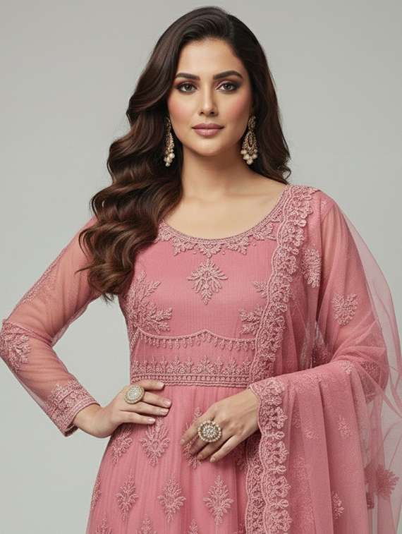 women solid with work semi stitched fit & flare gown - 22272936 -  Standard Image - 4