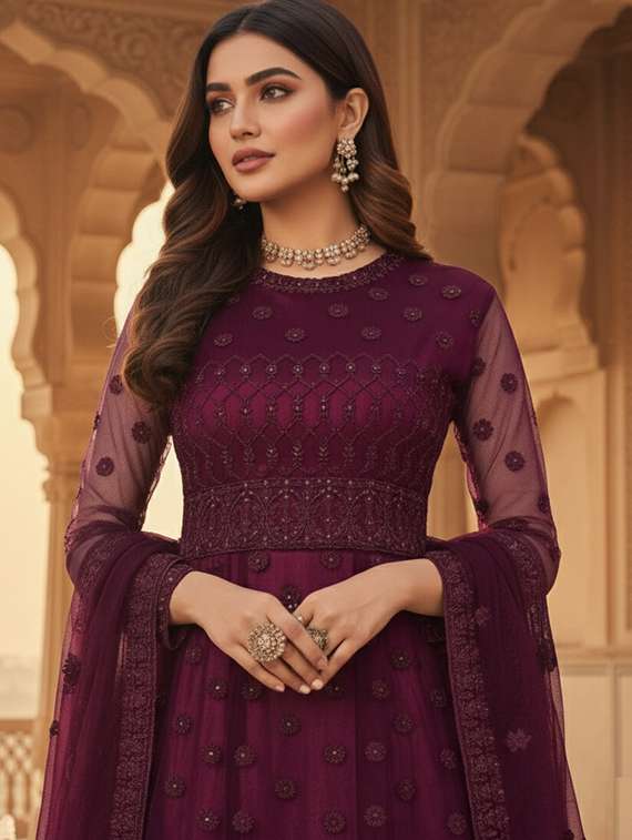 women solid with work semi stitched fit & flare gown - 22272938 -  Standard Image - 4