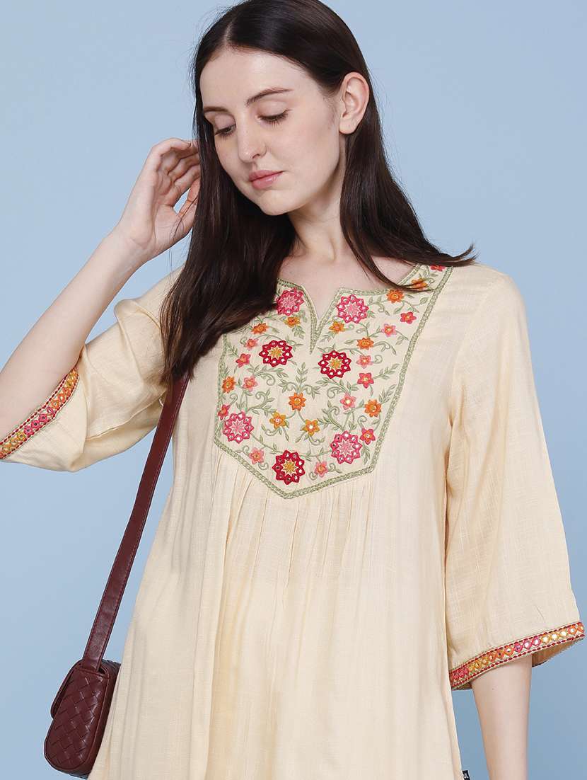 women embroidered three quarter sleeves a-line kurti - 22273080 -  Standard Image - 1