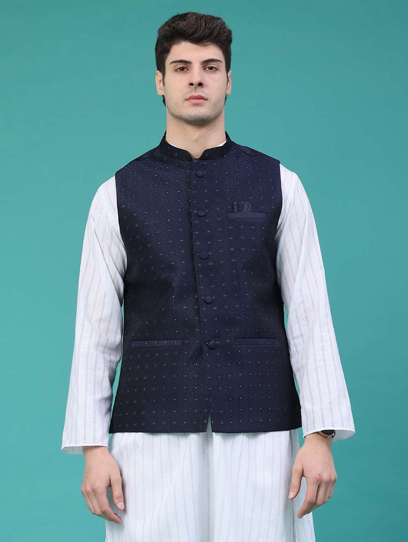 men navy blue polyester nehru jacket - 22273102 -  Standard Image - 1