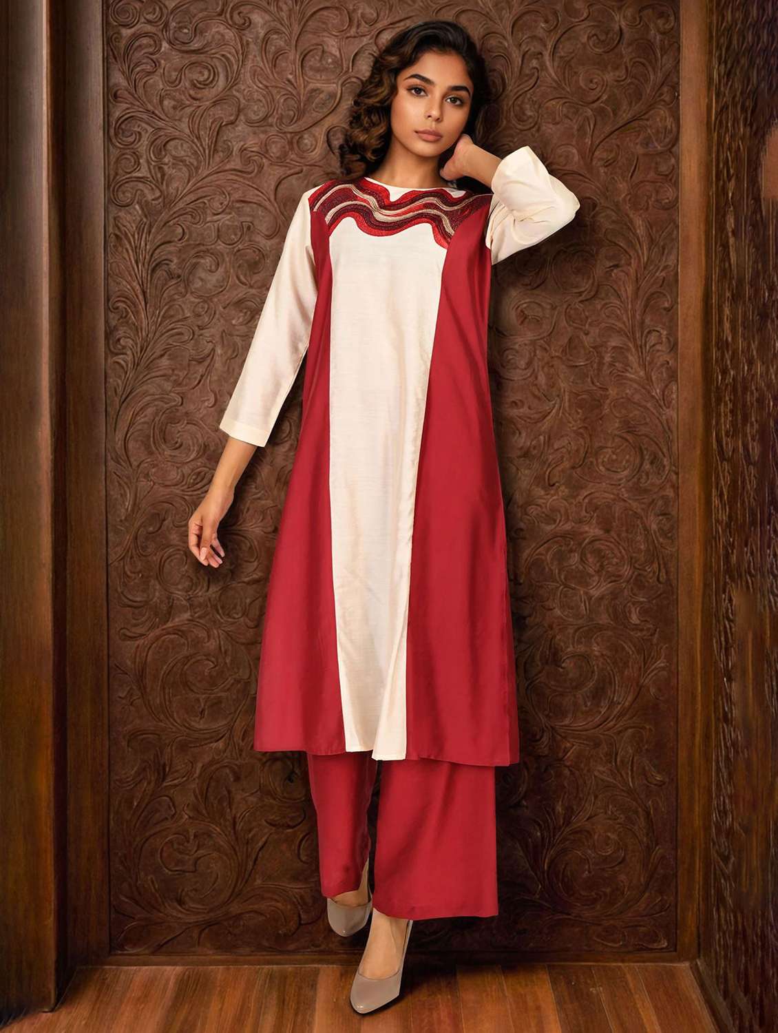 women color block three quarter sleeve kurta palazzo set - 22273556 -  Standard Image - 1