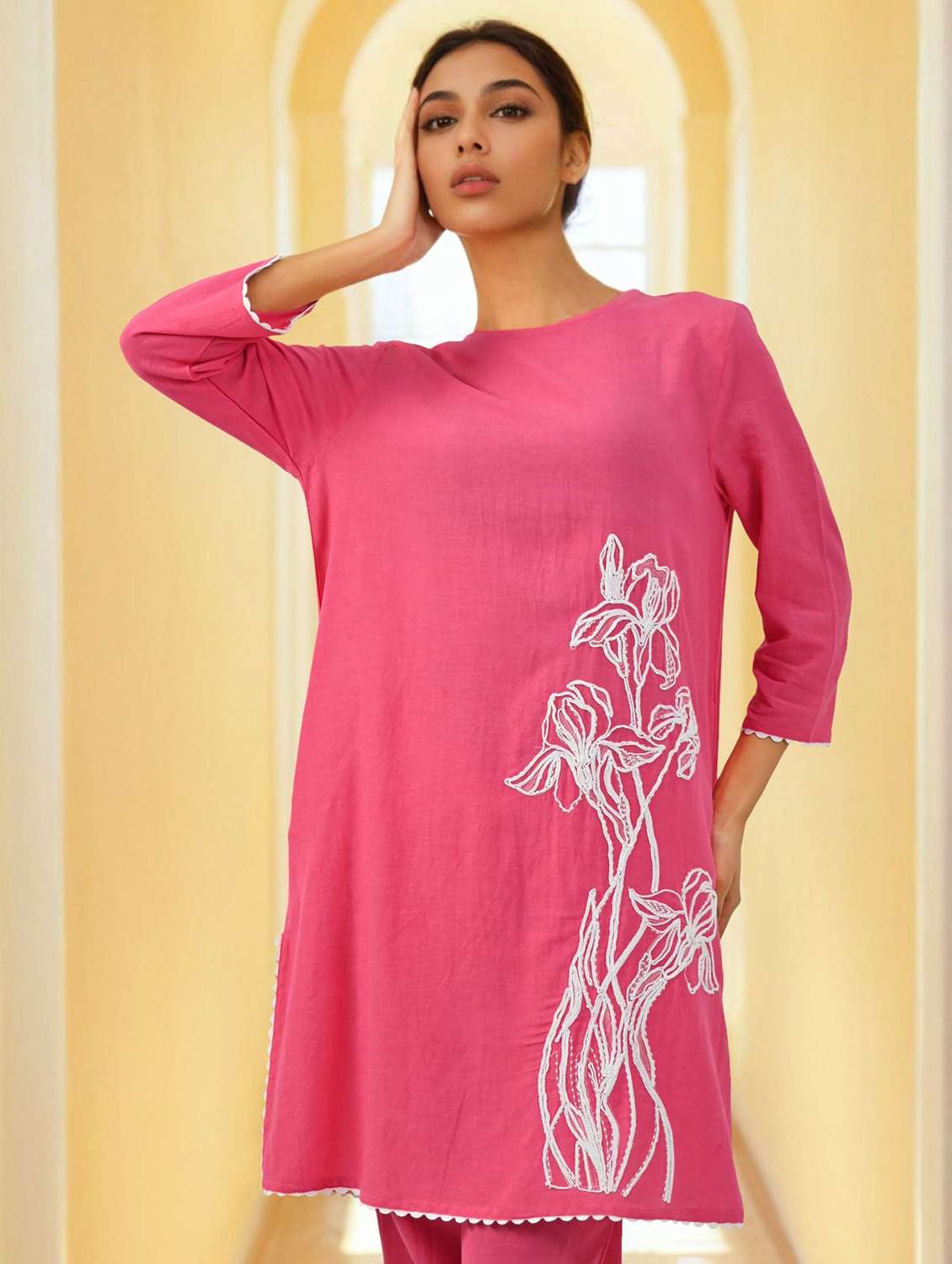 women solid with work three quarter sleeve ethnic co-ord set