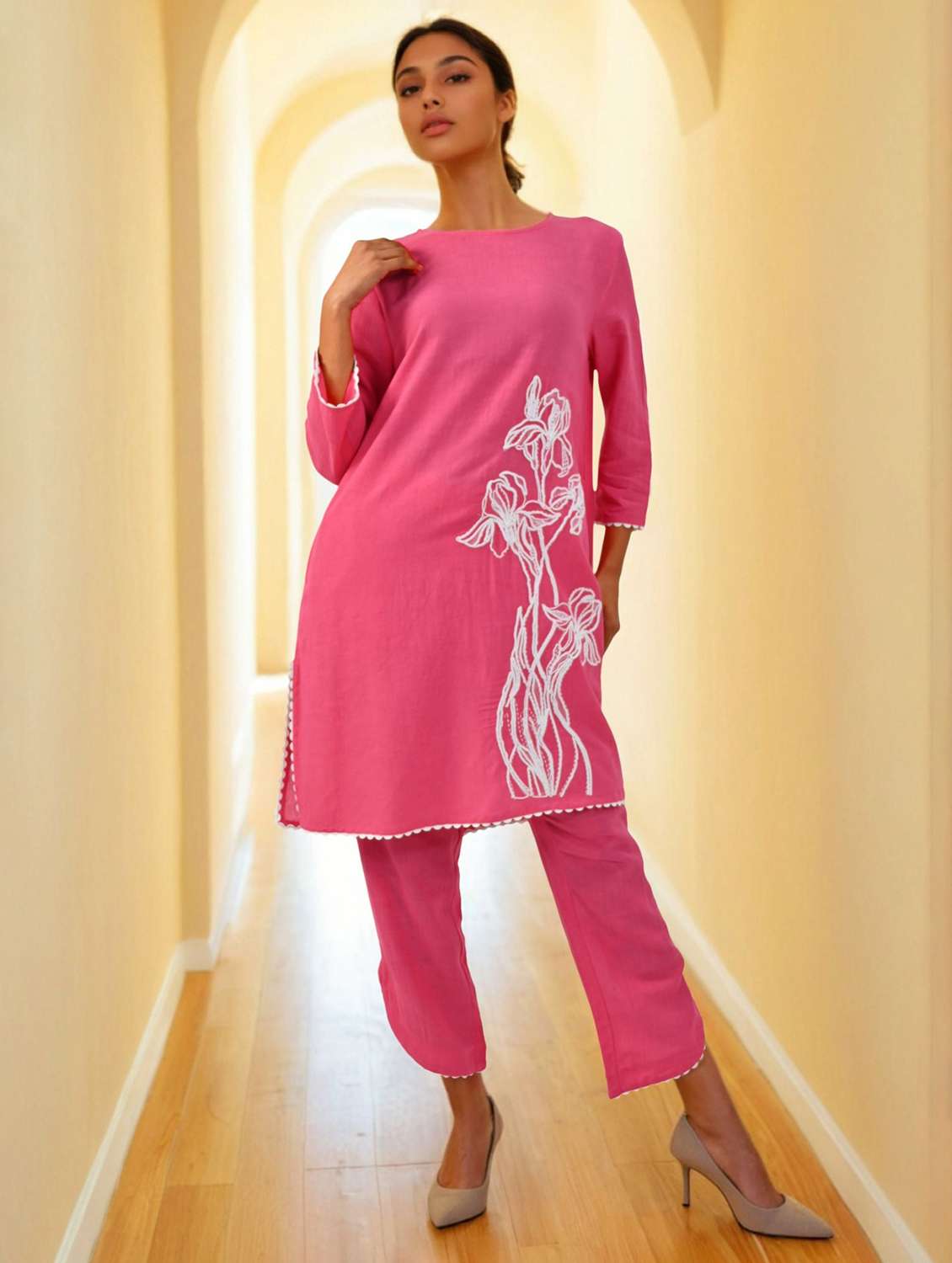 women solid with work three quarter sleeve ethnic co-ord set - 22273557 -  Standard Image - 1