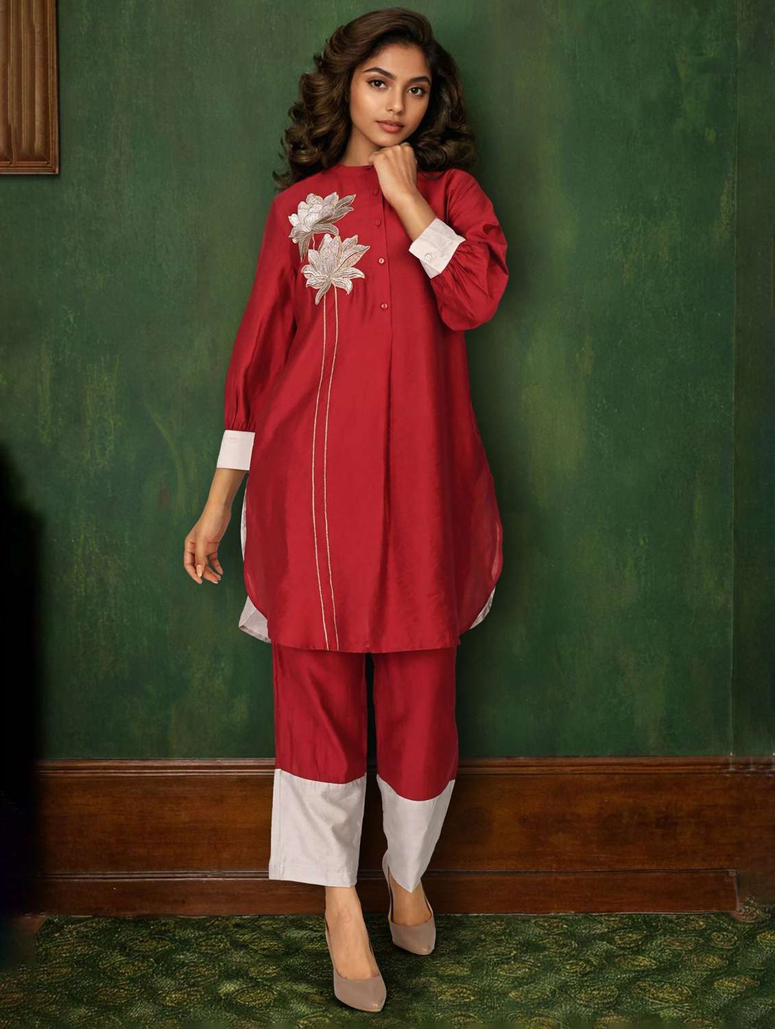 women solid with work three quarter sleeve ethnic co-ord set