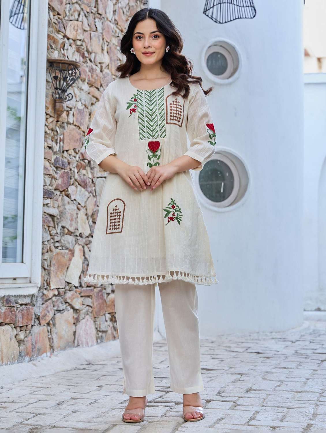 women solid with work three quarter sleeve ethnic co-ord set - 22273568 -  Standard Image - 1