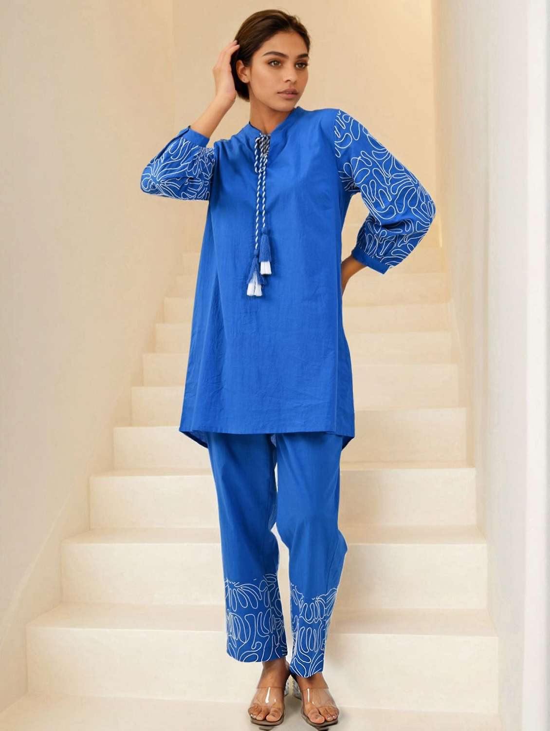women solid with work long sleeve ethnic co-ord set - 22273611 -  Standard Image - 1
