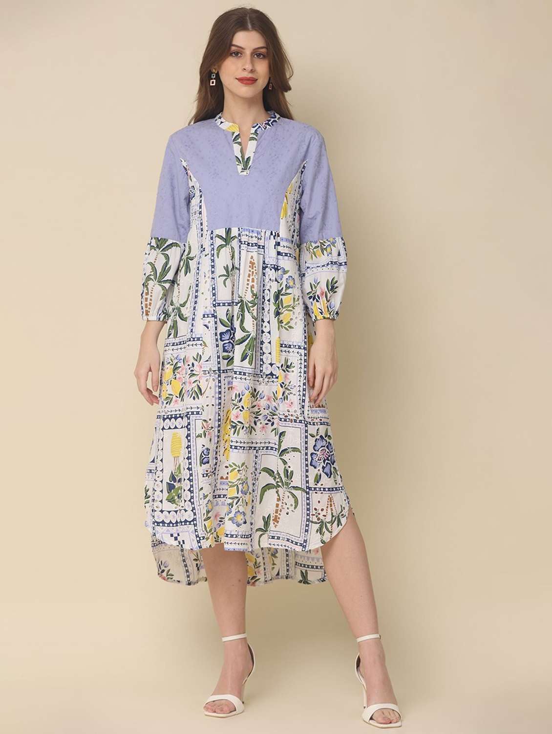 women printed puff sleeve high low dress - 22273664 -  Standard Image - 1