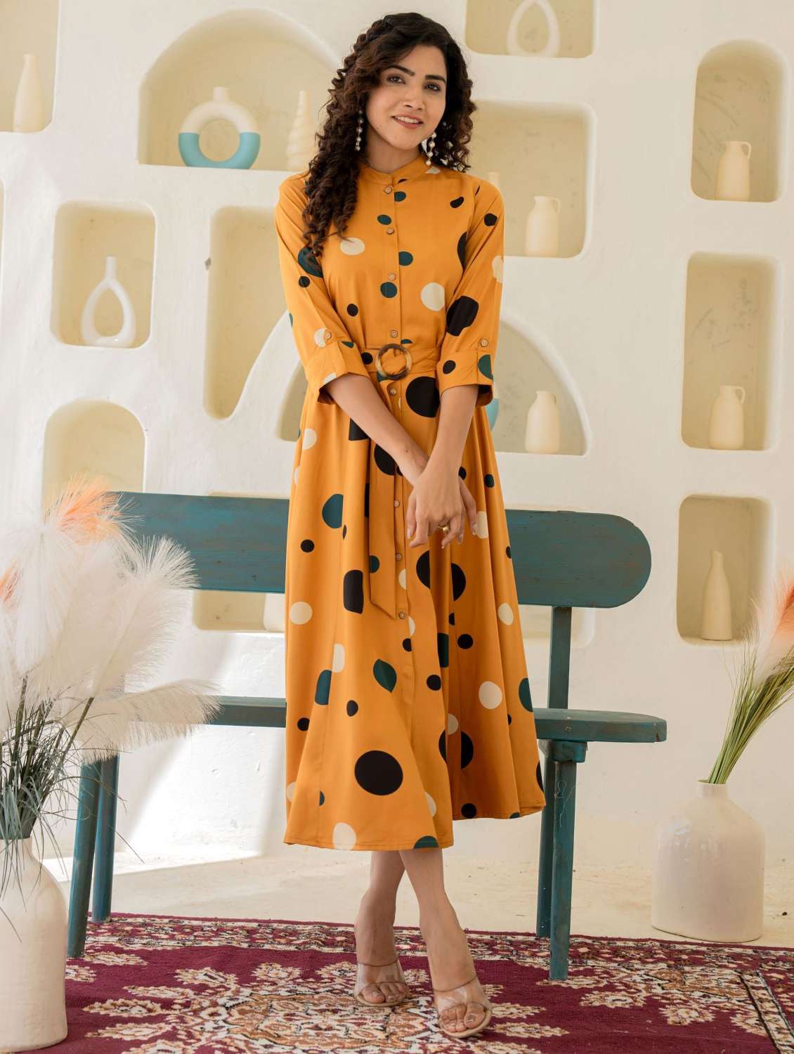 women printed mandarin neck fit & flare dress - 22273668 -  Standard Image - 1