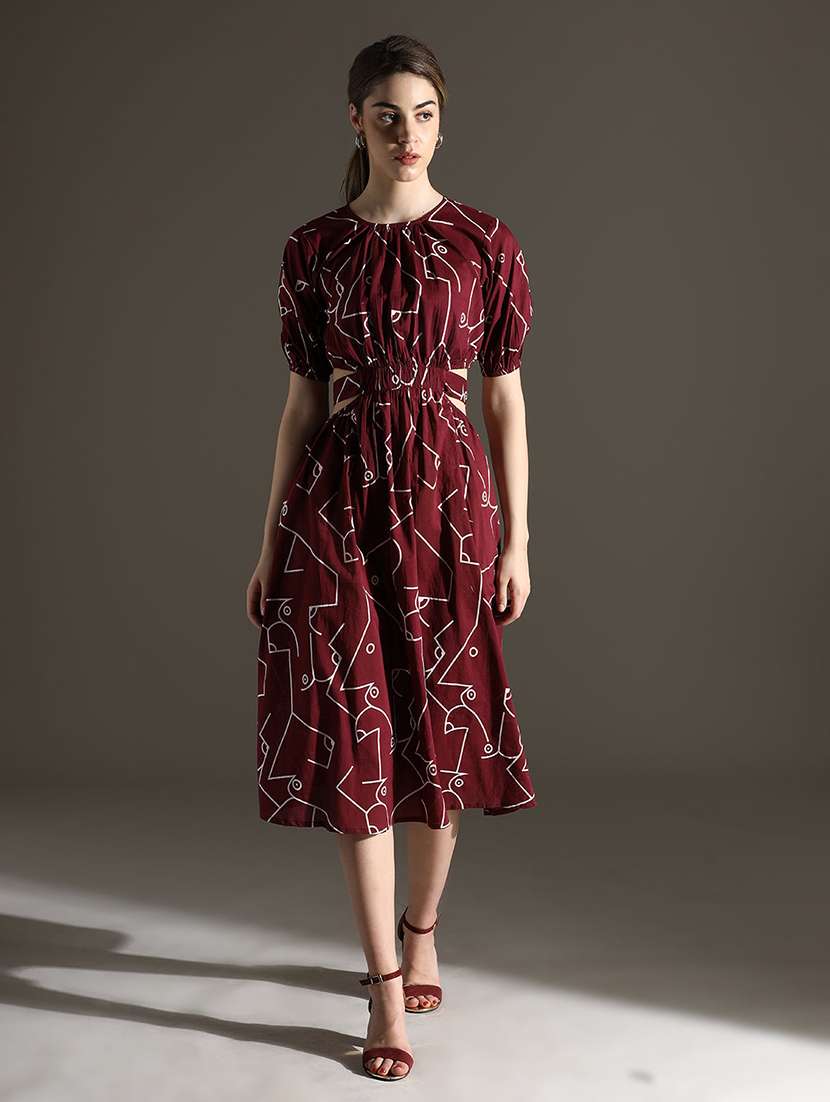 women printed puff sleeve fit & flare dress
