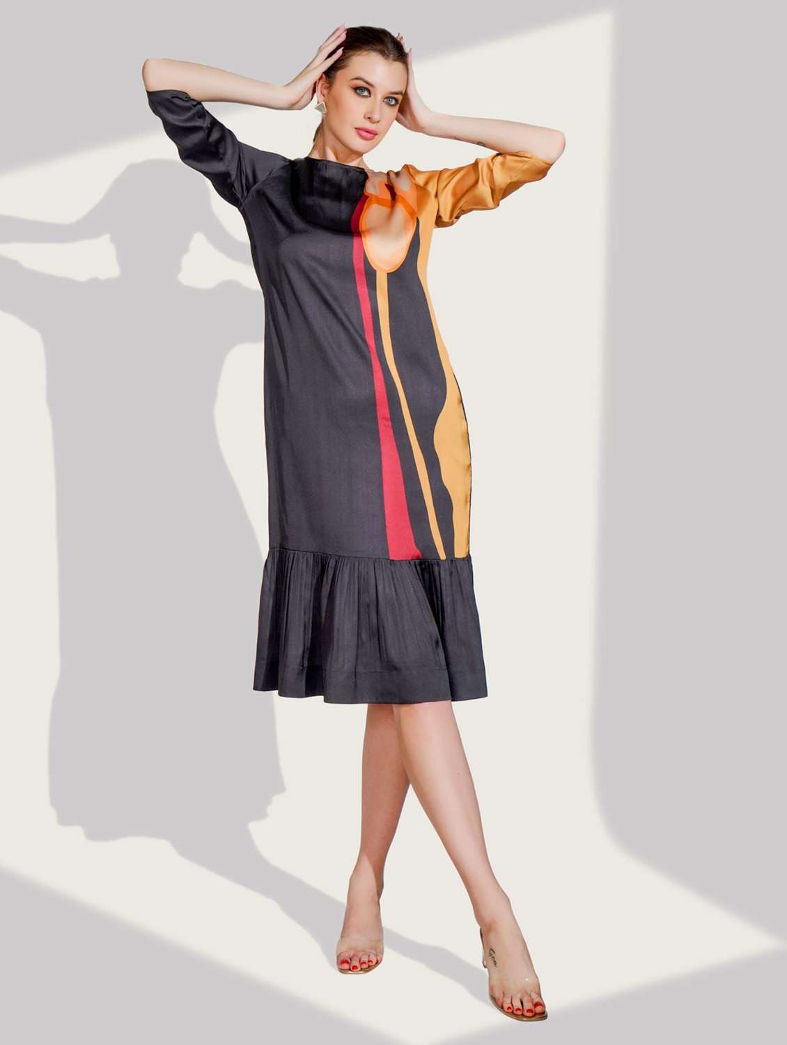 women printed three quarter sleeve tiered dress - 22273689 -  Standard Image - 1