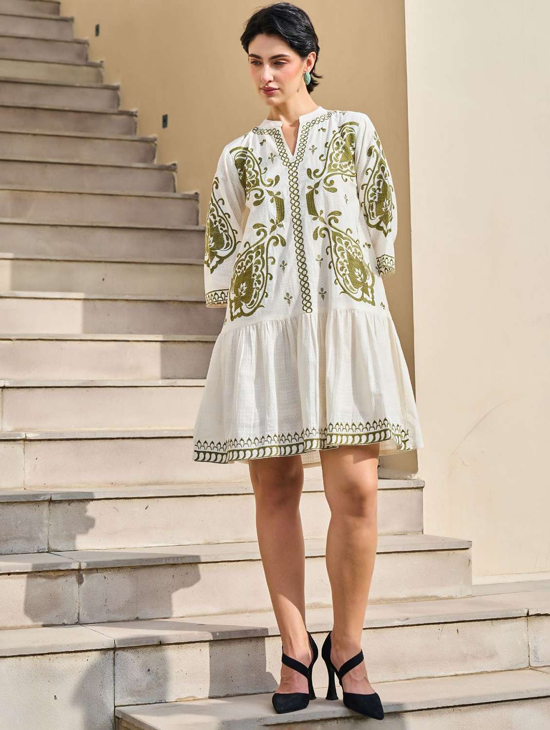 women embroidered puff sleeve tiered dress - 22273693 -  Standard Image - 1