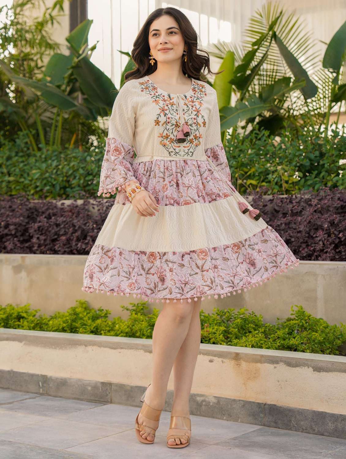 women printed bell sleeve tiered dress - 22273694 -  Standard Image - 1