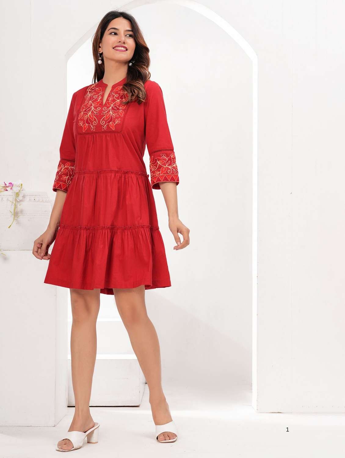 women embroidered mandarin neck tiered dress - 22273696 -  Standard Image - 1