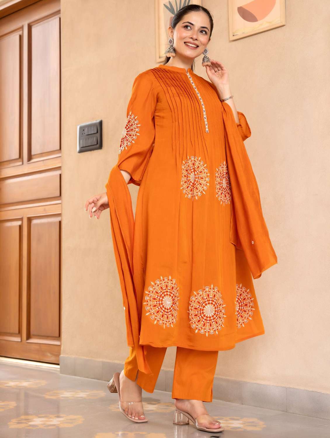 women solid with work three quarter sleeve kurta pant with dupatta set - 22273707 -  Standard Image - 1