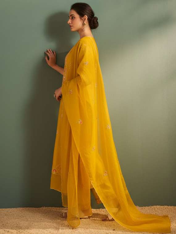 women solid with work three quarter sleeve kurta pant with dupatta set - 22273720 -  Standard Image - 1