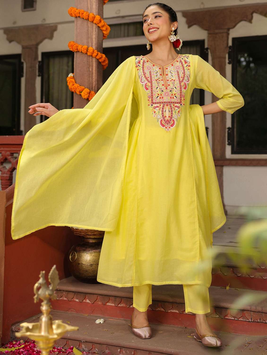 women solid with work three quarter sleeve kurta pant with dupatta set - 22273732 -  Standard Image - 1