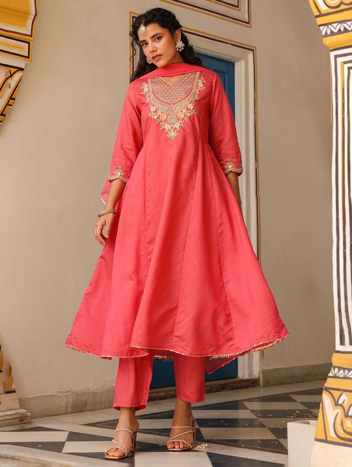 Women Solid With Work Three Quarter Sleeve Kurta Pant With Dupatta Set - 22273738 -  Standard Image - 1