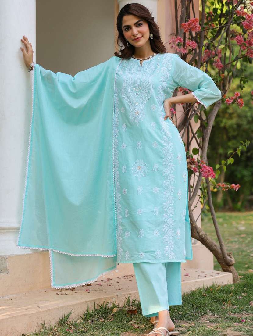 women solid with work three quarter sleeve kurta pant with dupatta set - 22273739 -  Standard Image - 1