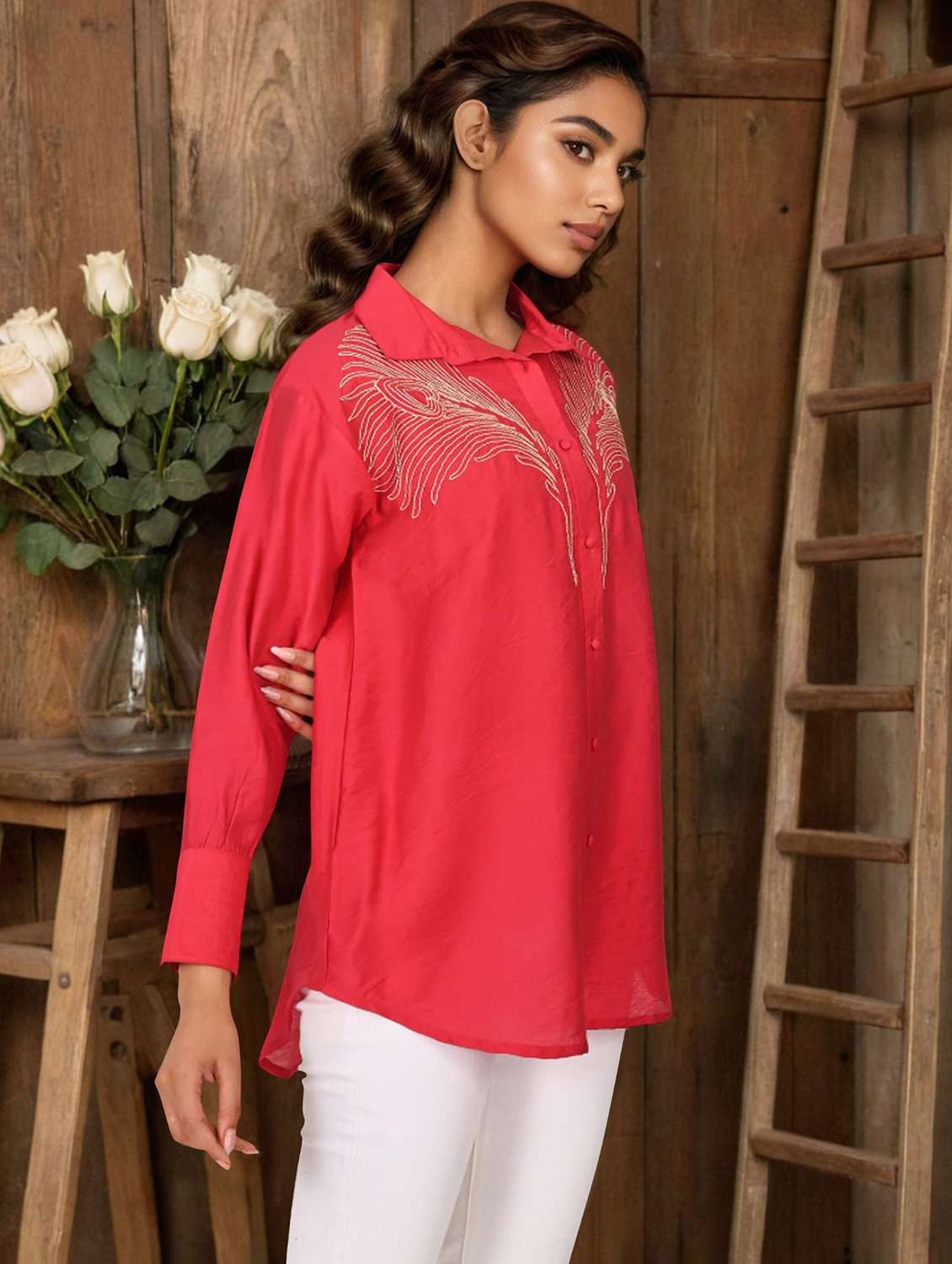 women collared long sleeve high low shirt - 22273755 -  Standard Image - 1
