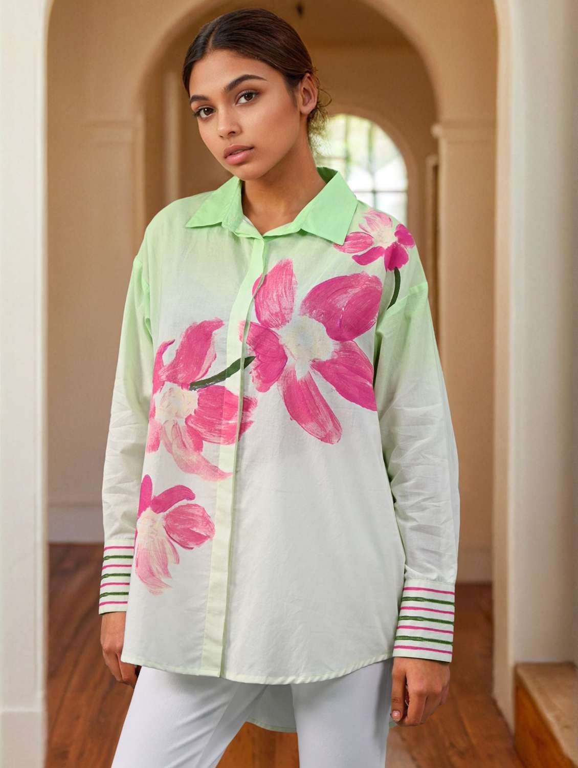 women collared long sleeve high low shirt - 22273761 -  Standard Image - 1