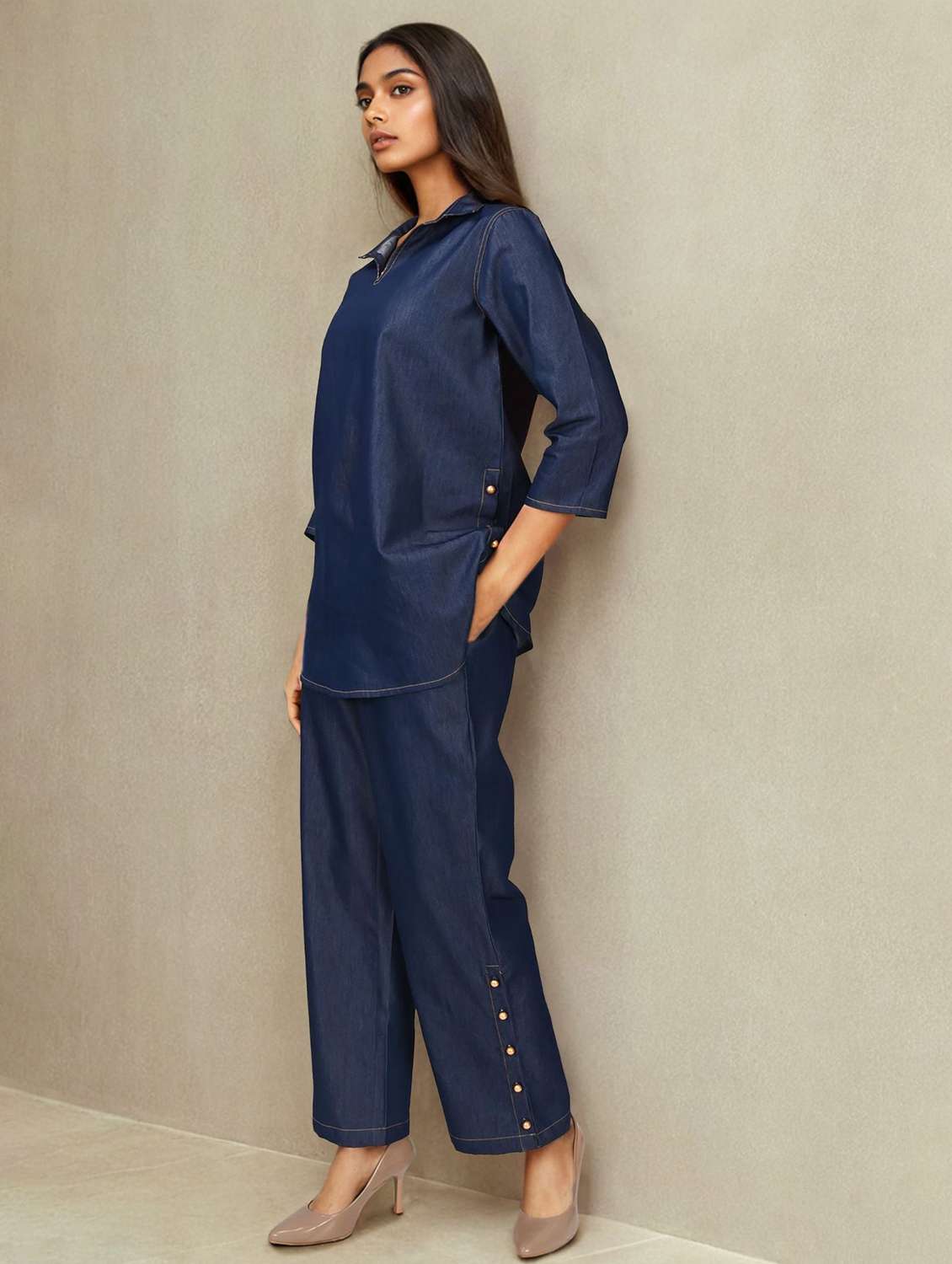 women solid three quarter sleeve ethnic co-ord set - 22273764 -  Standard Image - 1