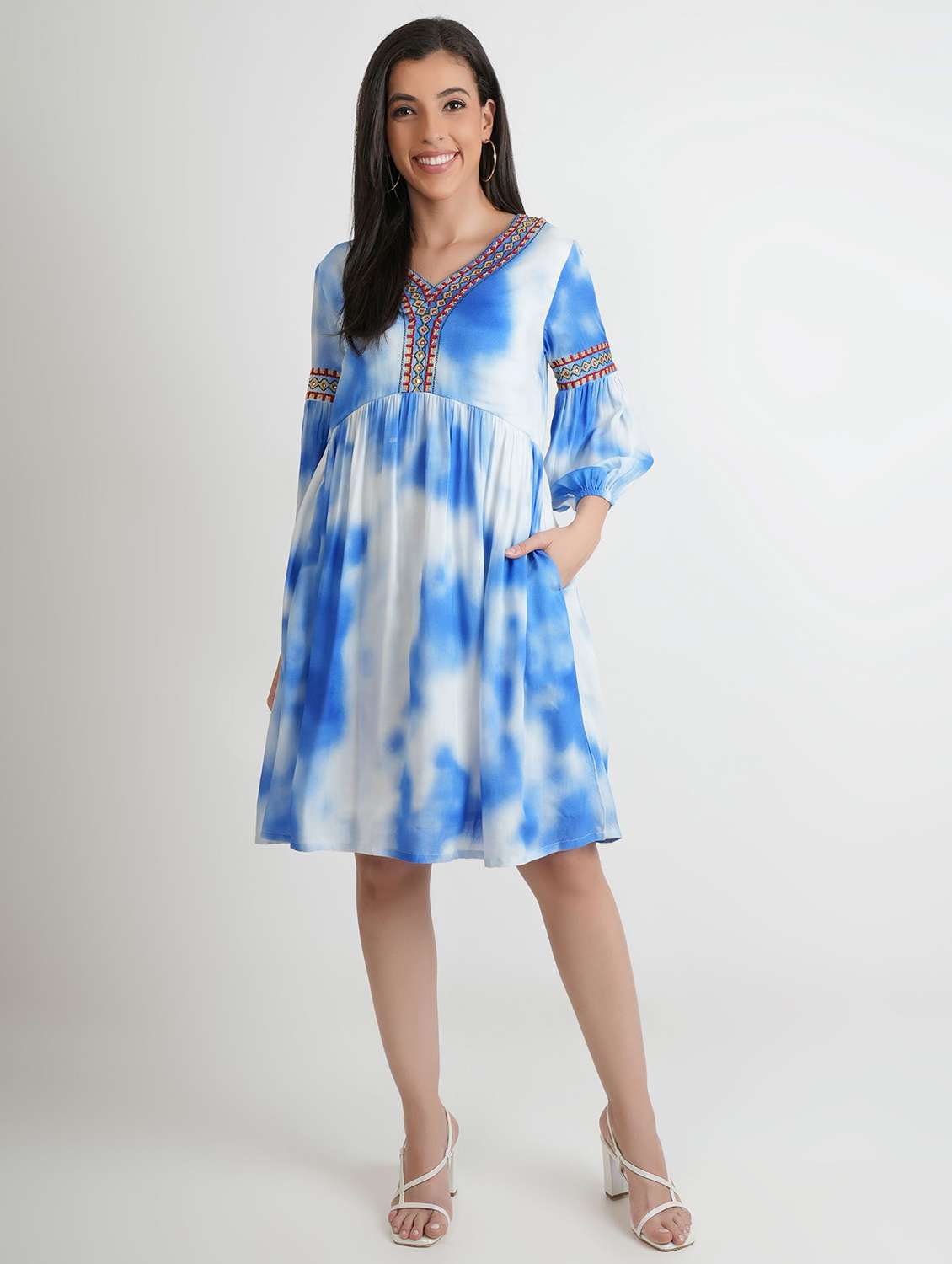 women printed puff sleeve fit & flare dress - 22273773 -  Standard Image - 1