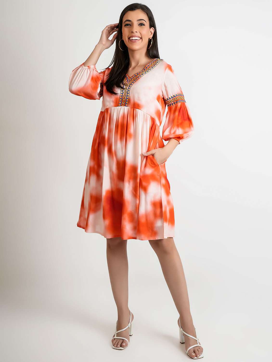 women printed puff sleeve fit & flare dress - 22273774 -  Standard Image - 1