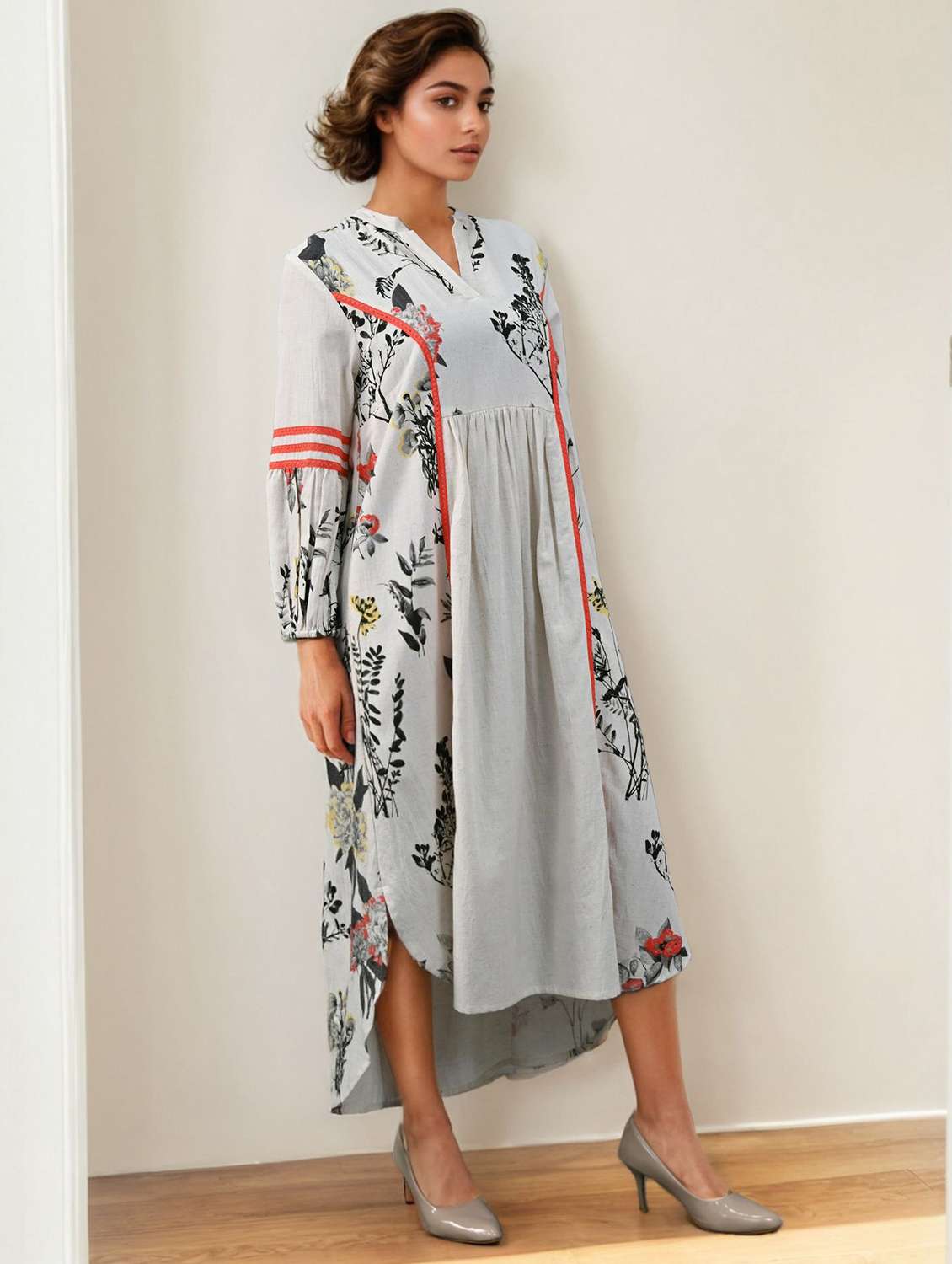 women printed puff sleeve high low dress - 22273776 -  Standard Image - 1