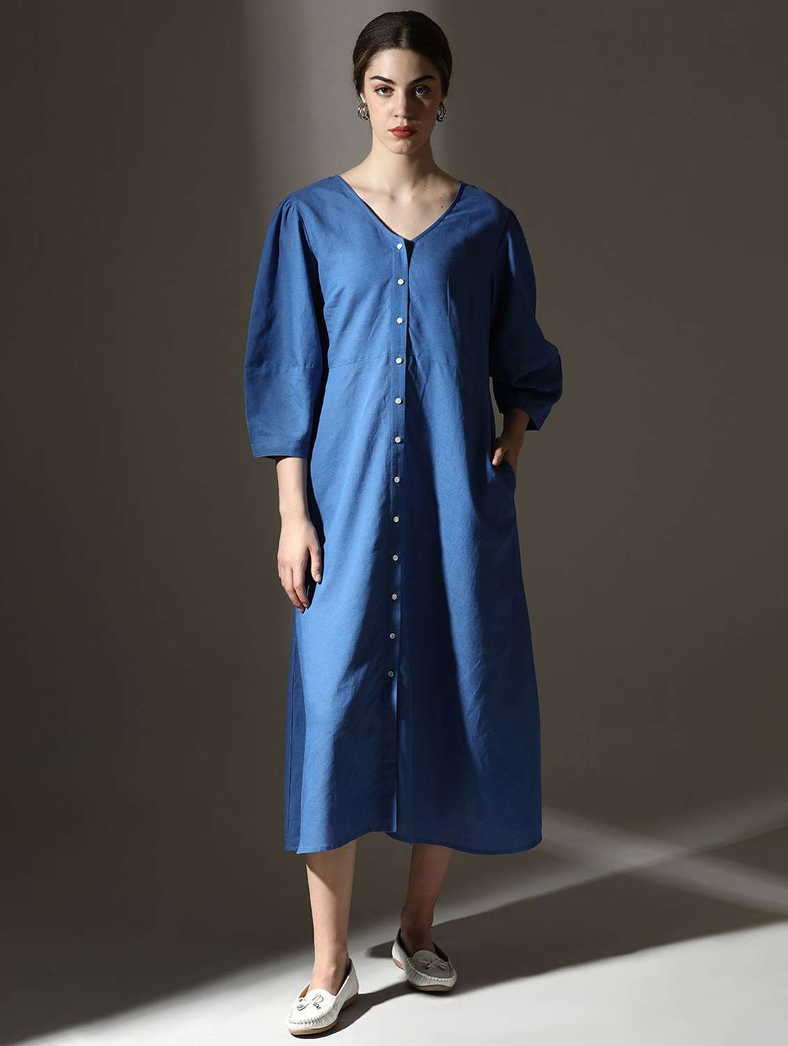 women solid puff sleeve shirt dress