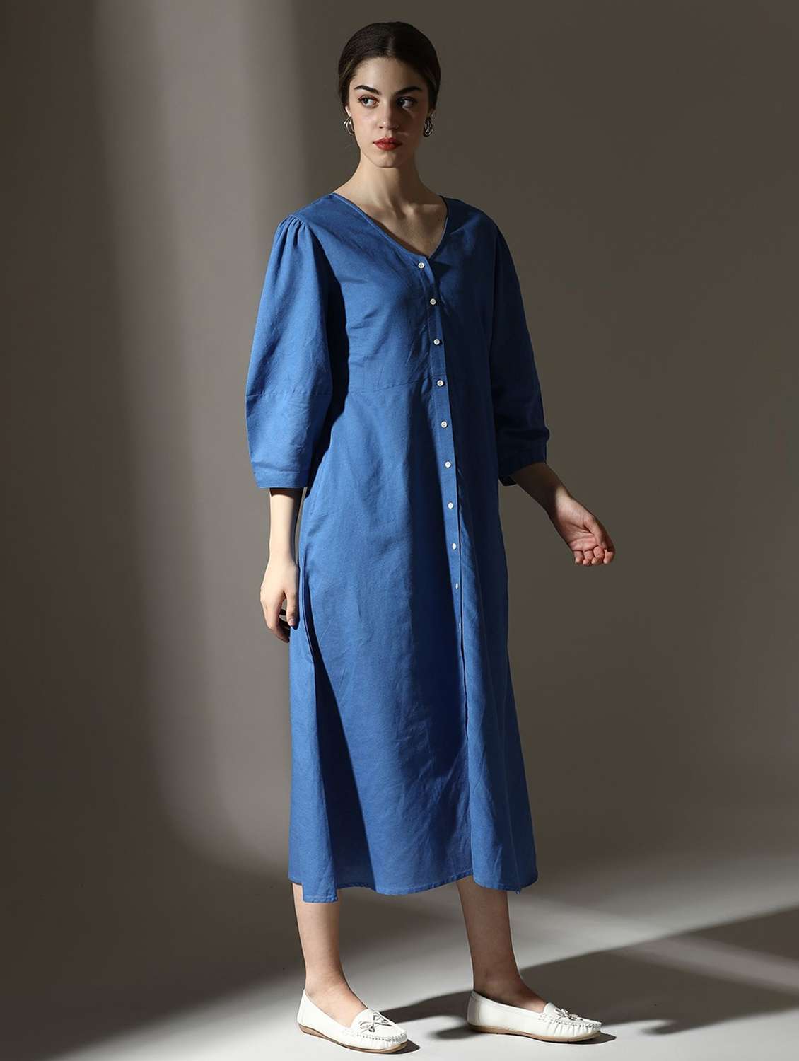 women solid puff sleeve shirt dress - 22273780 -  Standard Image - 1