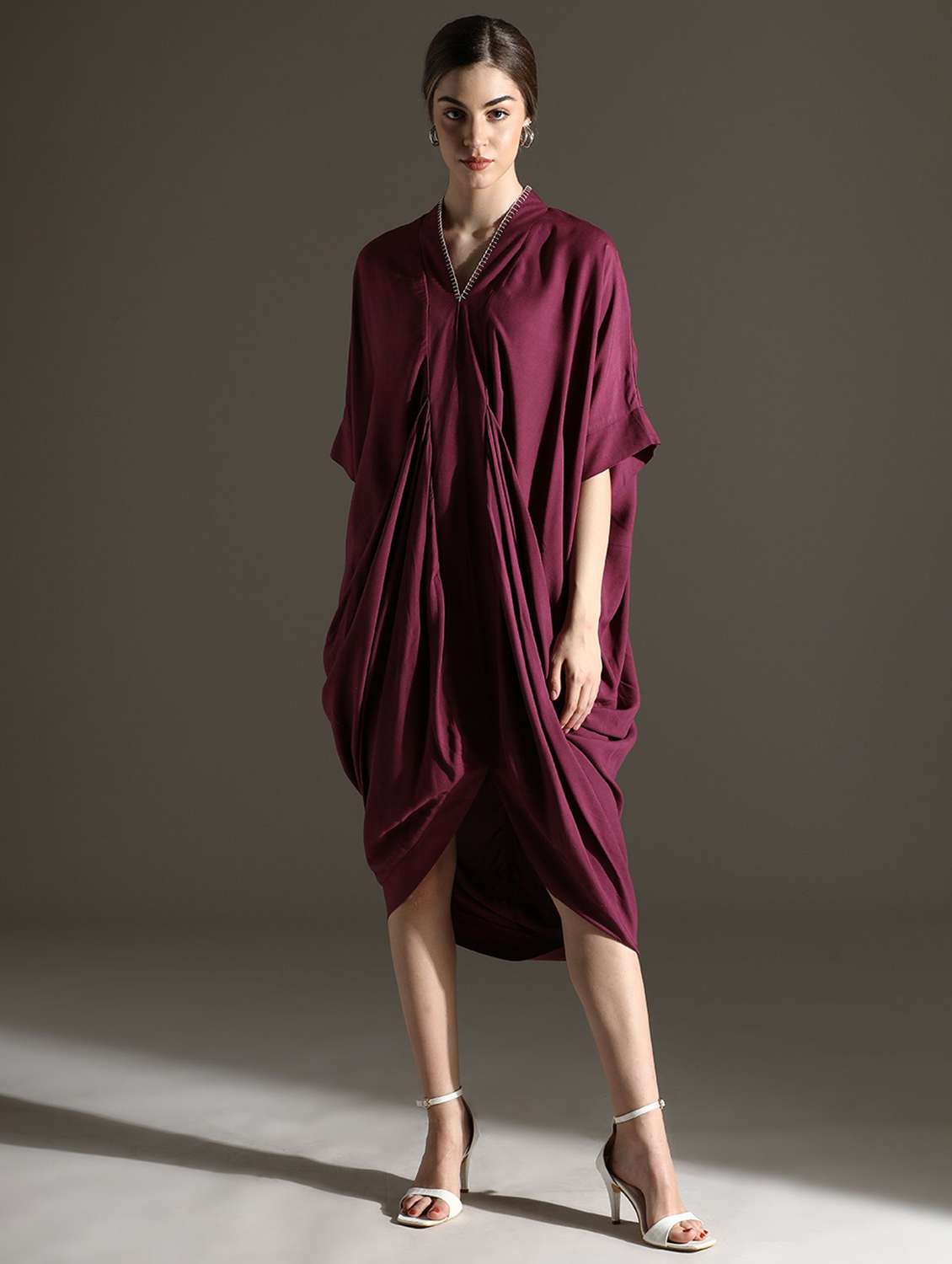 women solid batwing sleeve asymmetric cowl dress