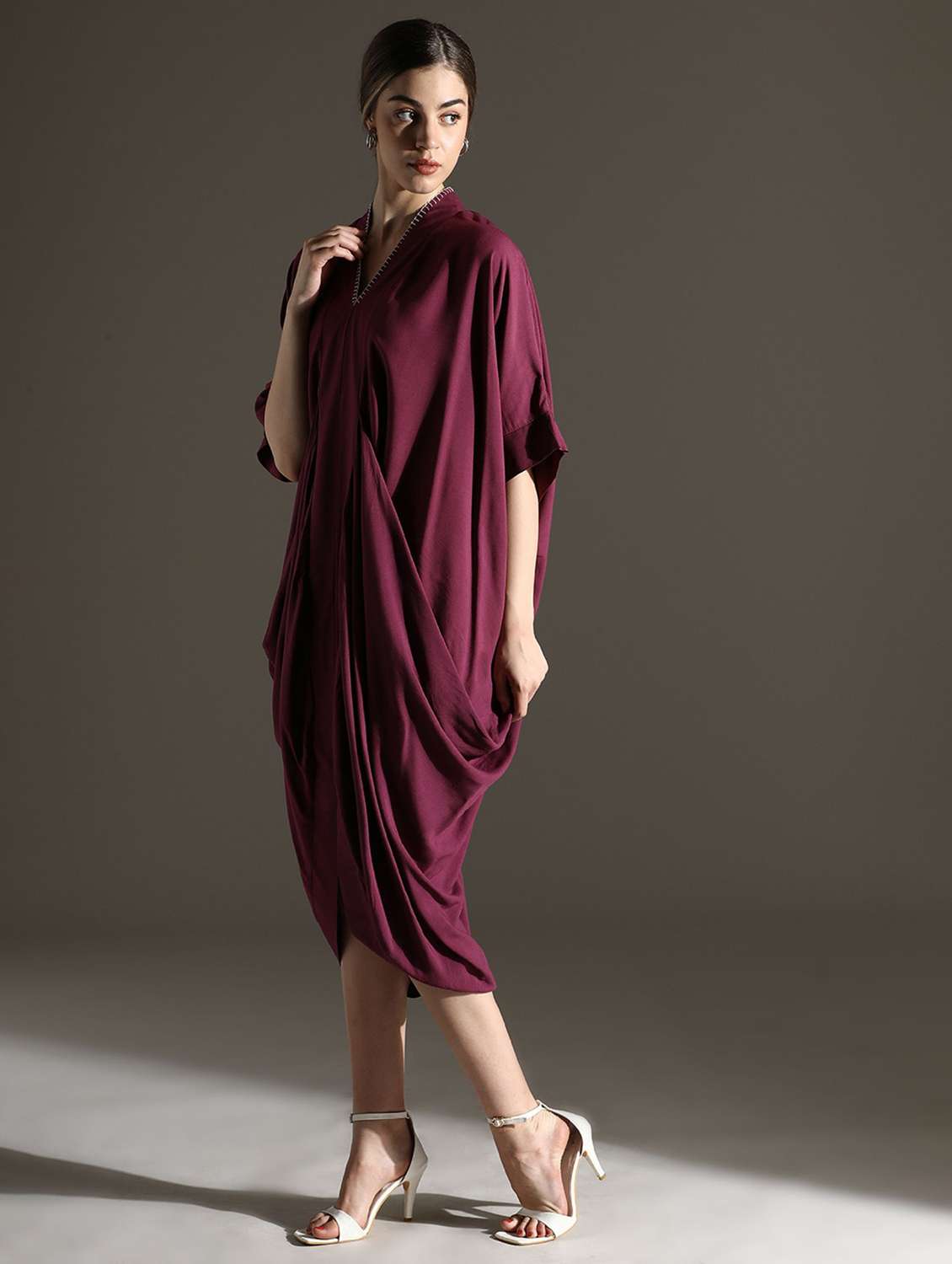 women solid batwing sleeve asymmetric cowl dress - 22273782 -  Standard Image - 1