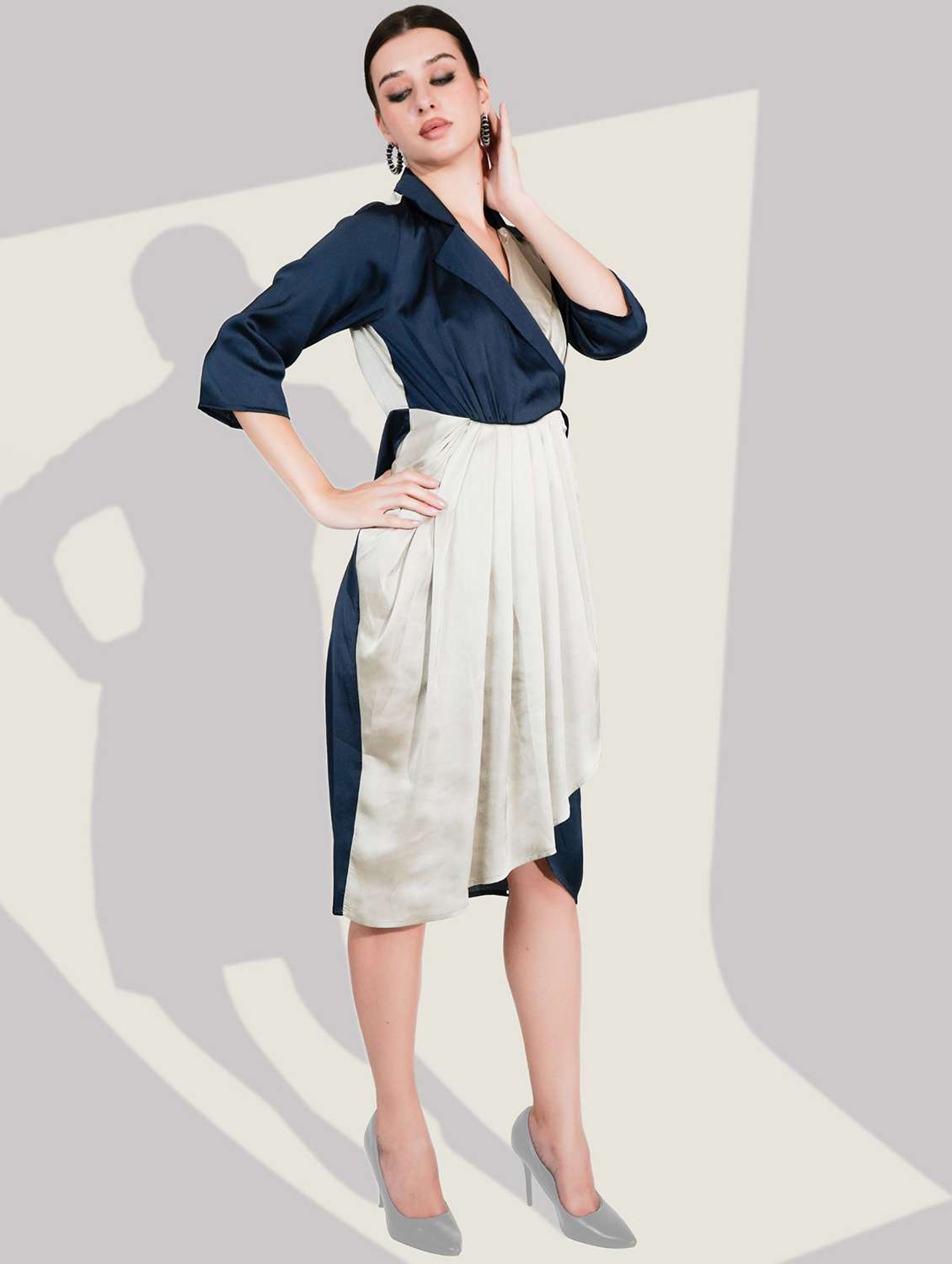 women color blocked three quartre sleeve wrap dress - 22273786 -  Standard Image - 1