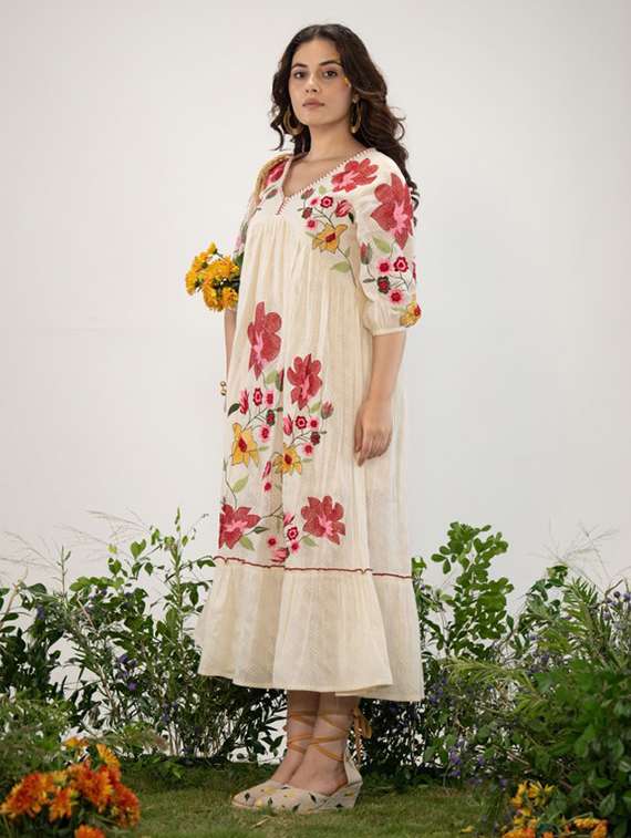 women printed three quarter sleeve tiered dress - 22273791 -  Standard Image - 1