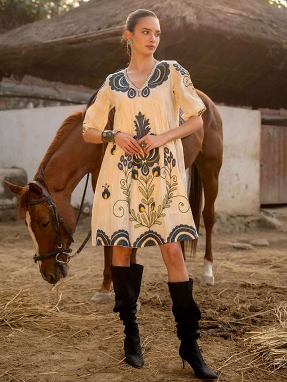 women embroidered puff sleeve a-line dress