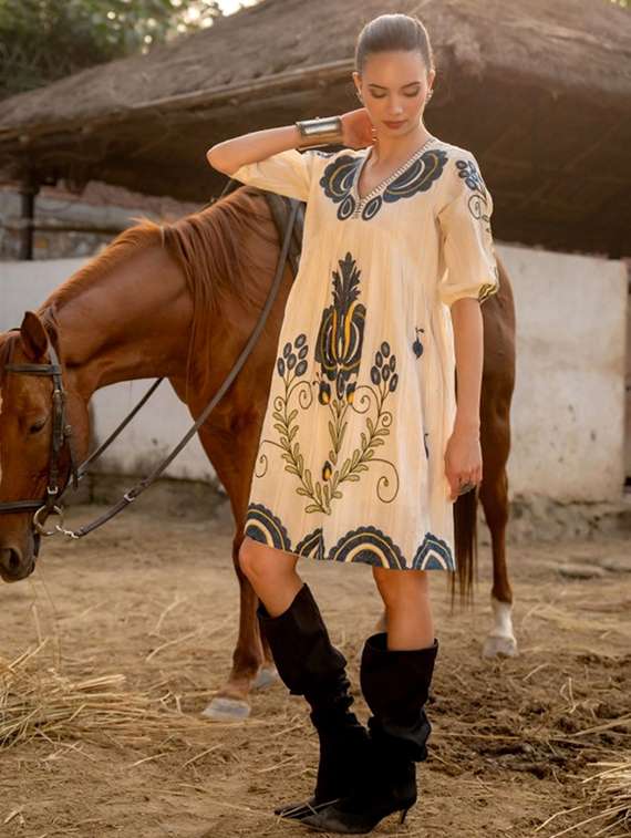 women embroidered puff sleeve a-line dress - 22273797 -  Standard Image - 1