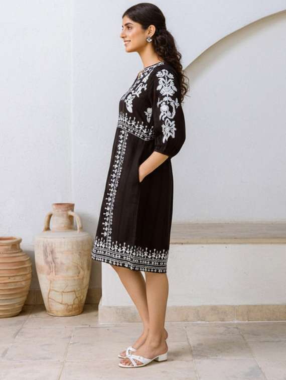 women embroidered puff sleeve fit & flare dress - 22273802 -  Standard Image - 1