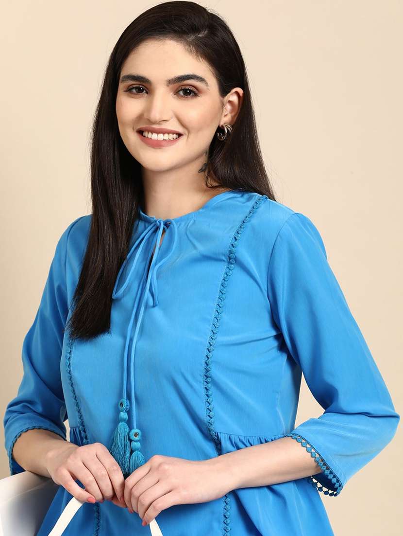 women solid three quarter sleeve tiered top - 22273811 -  Standard Image - 1