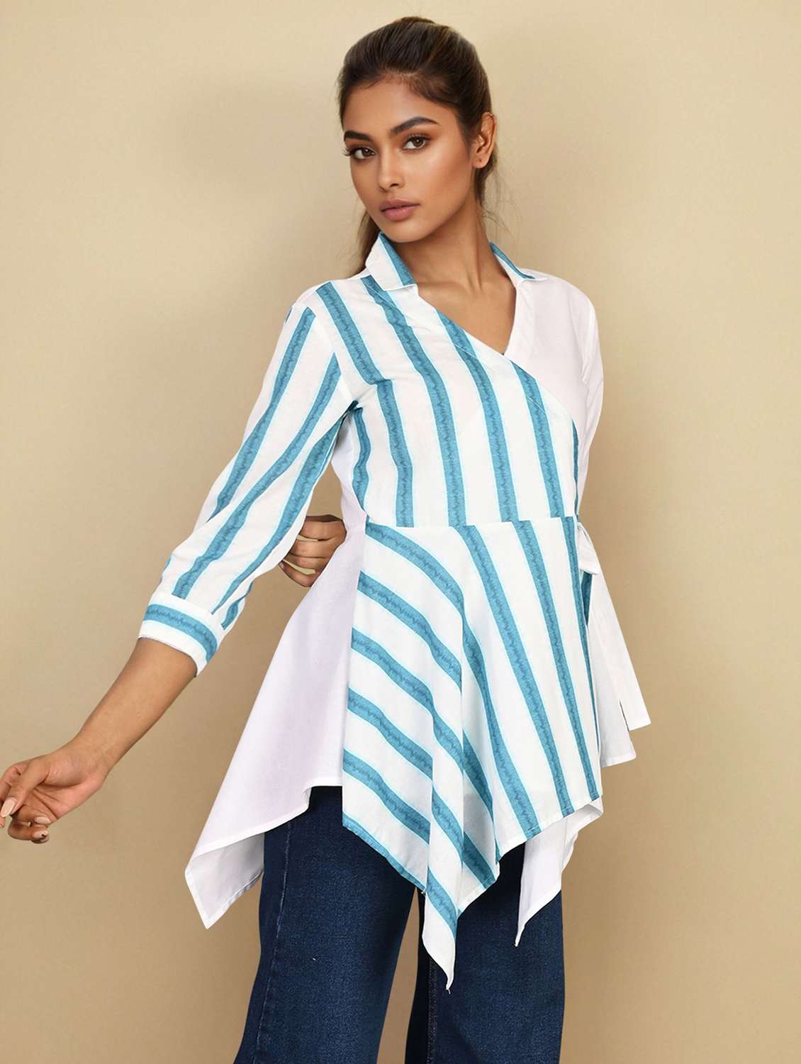 women striped three quarter sleeve asymmetric top - 22273819 -  Standard Image - 1