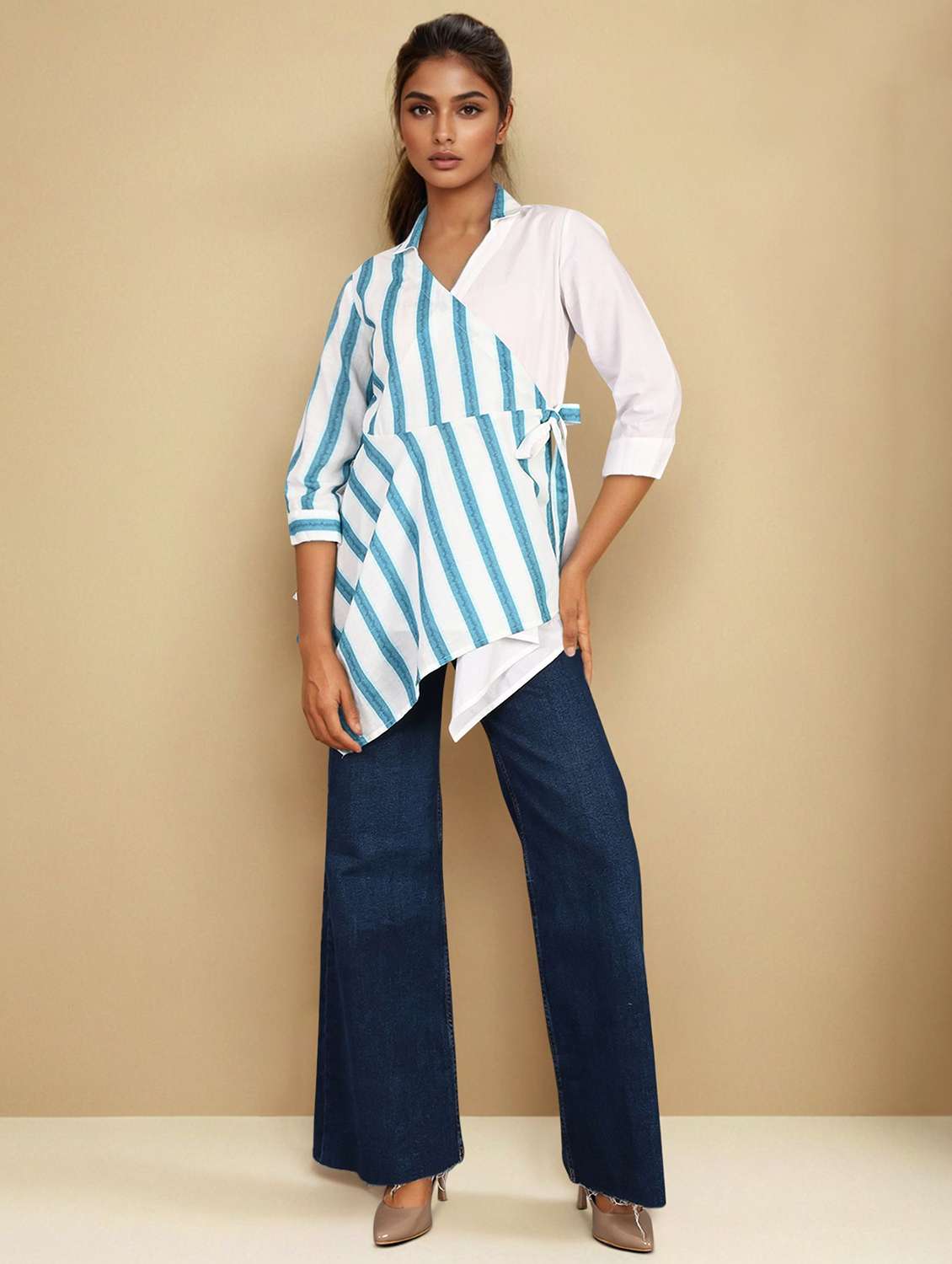 women striped three quarter sleeve asymmetric top - 22273819 -  Standard Image - 4