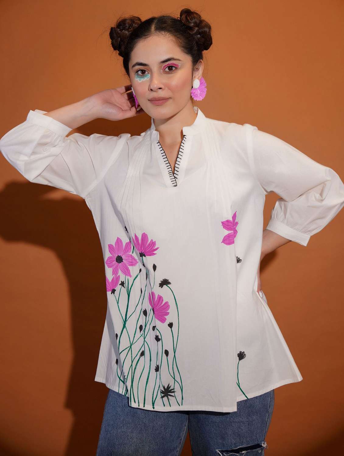 women printed puff sleeve a-line top - 22273820 -  Standard Image - 1