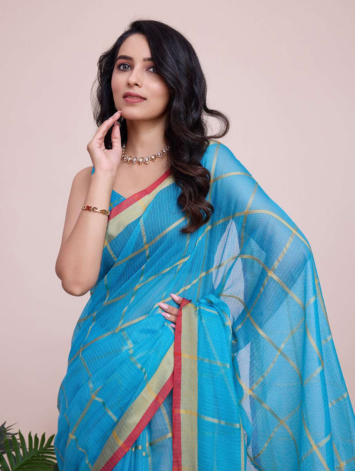 women checkered bordered saree with blouse - 22274037 -  Standard Image - 1