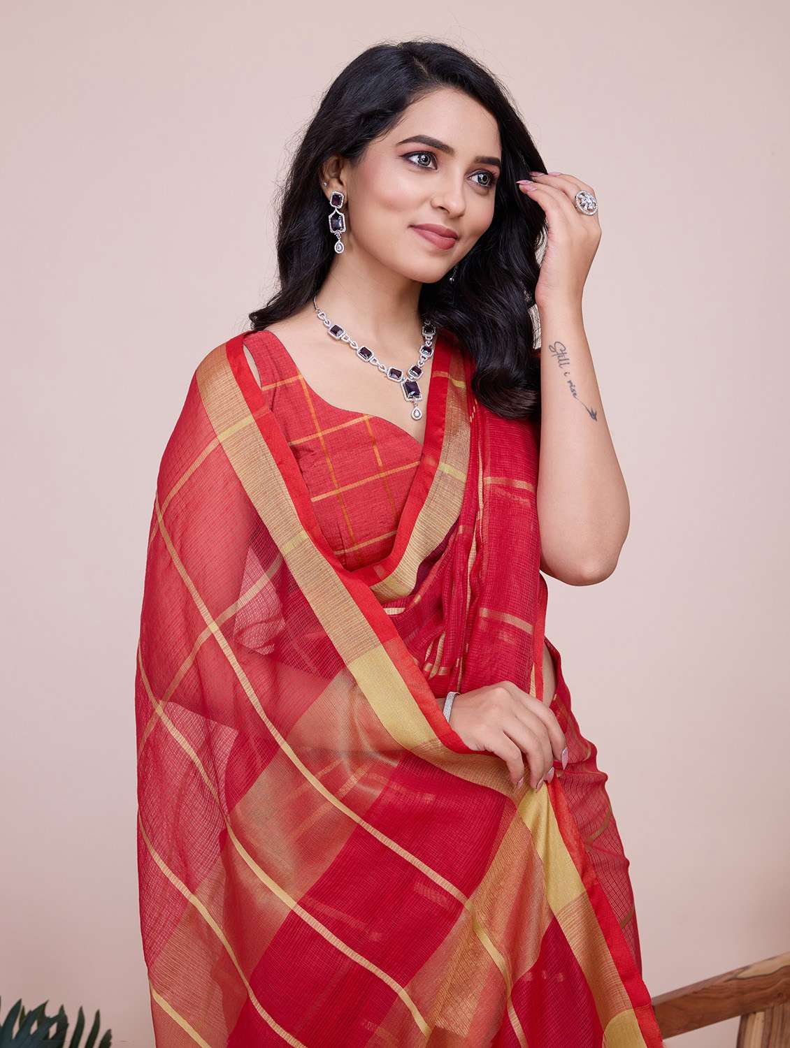 women checkered bordered saree with blouse - 22274041 -  Standard Image - 1