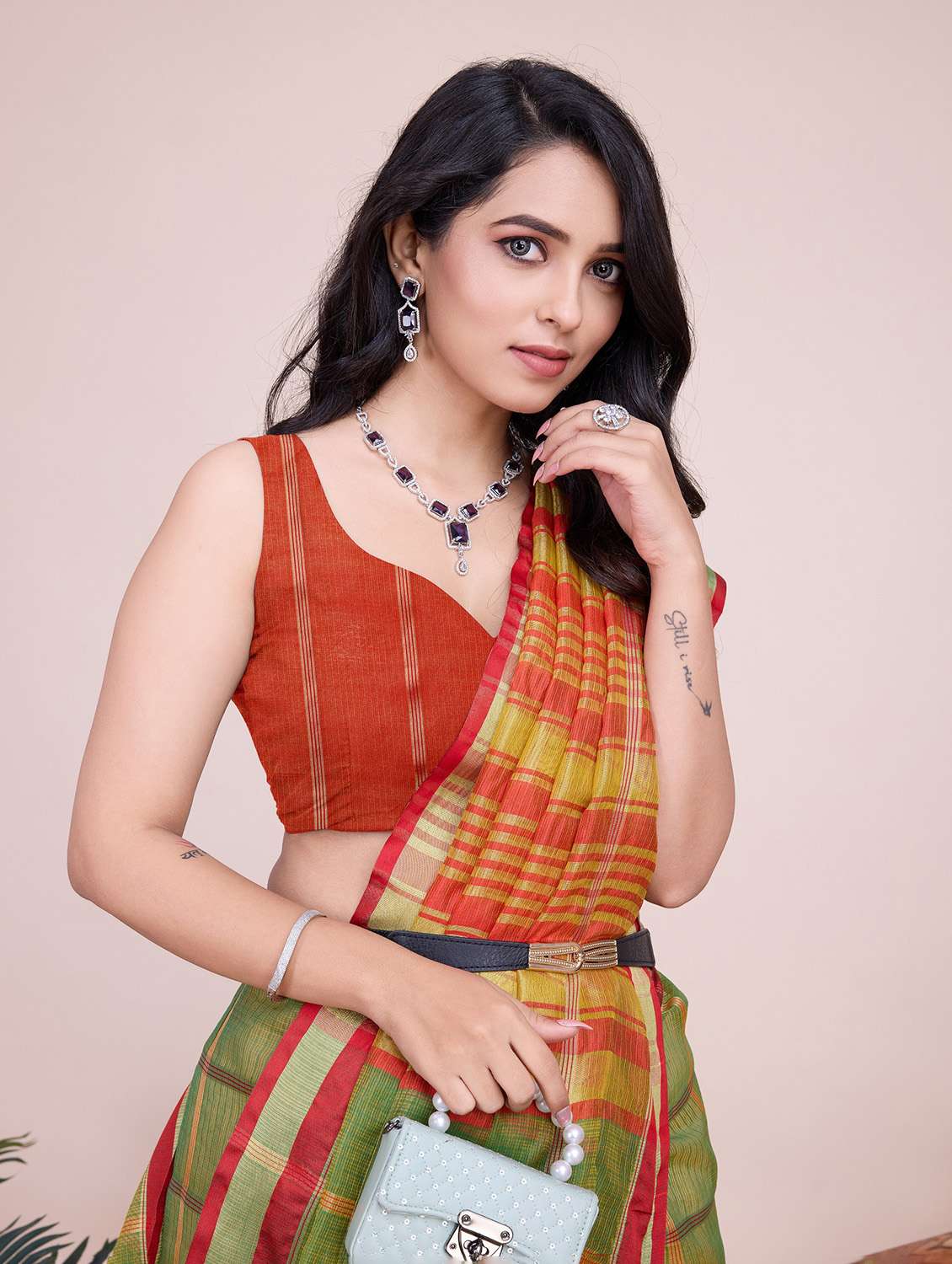 women checkered bordered saree with blouse - 22274043 -  Standard Image - 1
