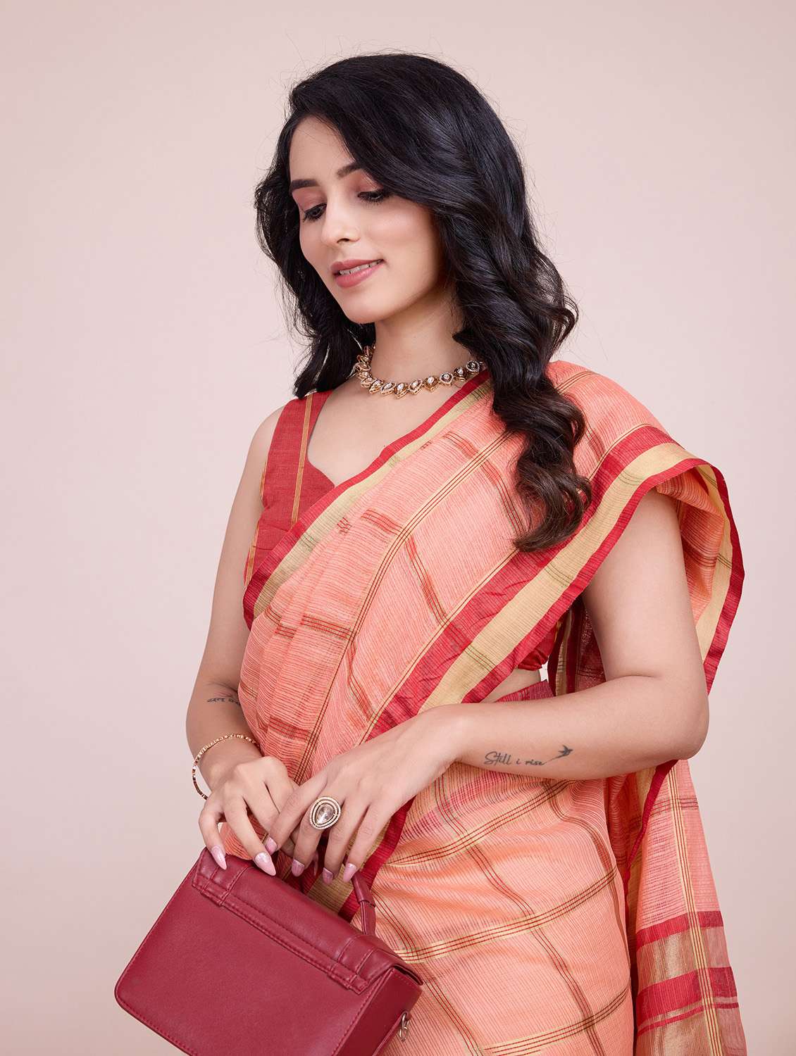 women checkered bordered saree with blouse - 22274046 -  Standard Image - 4